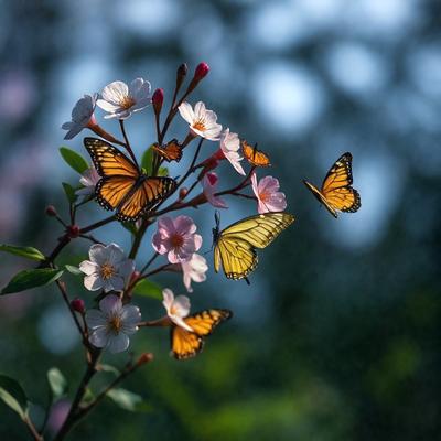 The primary subject of the image is a flower with a butterfly perched on it. The flower is pink, and the butterfly is yellow. The setting is a garden, with the flower and butterfly surrounded by greenery. The visual style is a photo, capturing the beauty of the flower and butterfly in their natural environment. The colors and mood of the image are vibrant and lively, with the pink flower and yellow butterfly creating a sense of warmth and life.